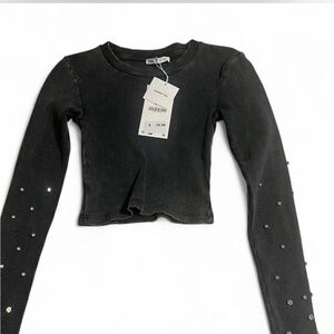 Dark gray Long Sleeve Top with bling diamond Accents
